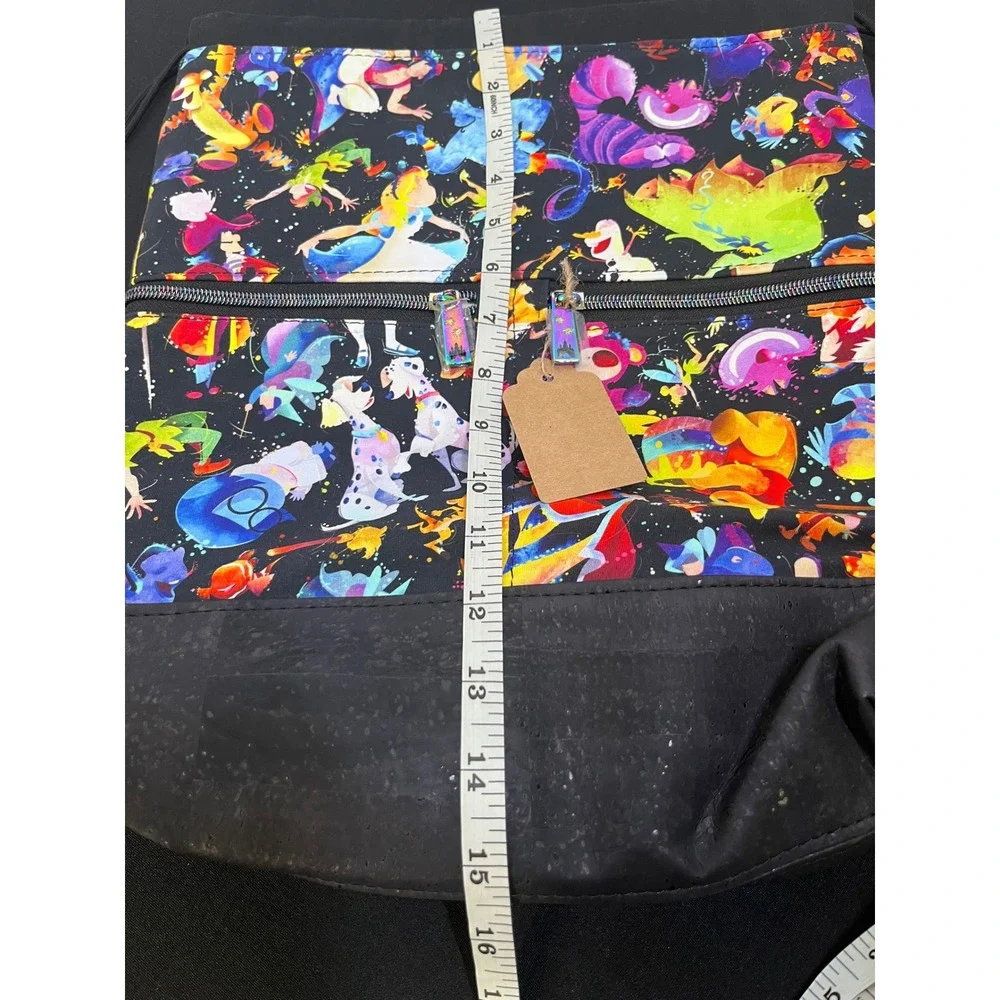 Handmade Character Watercolor Drawstring Backpack Black Cork Base Zipper Pocket